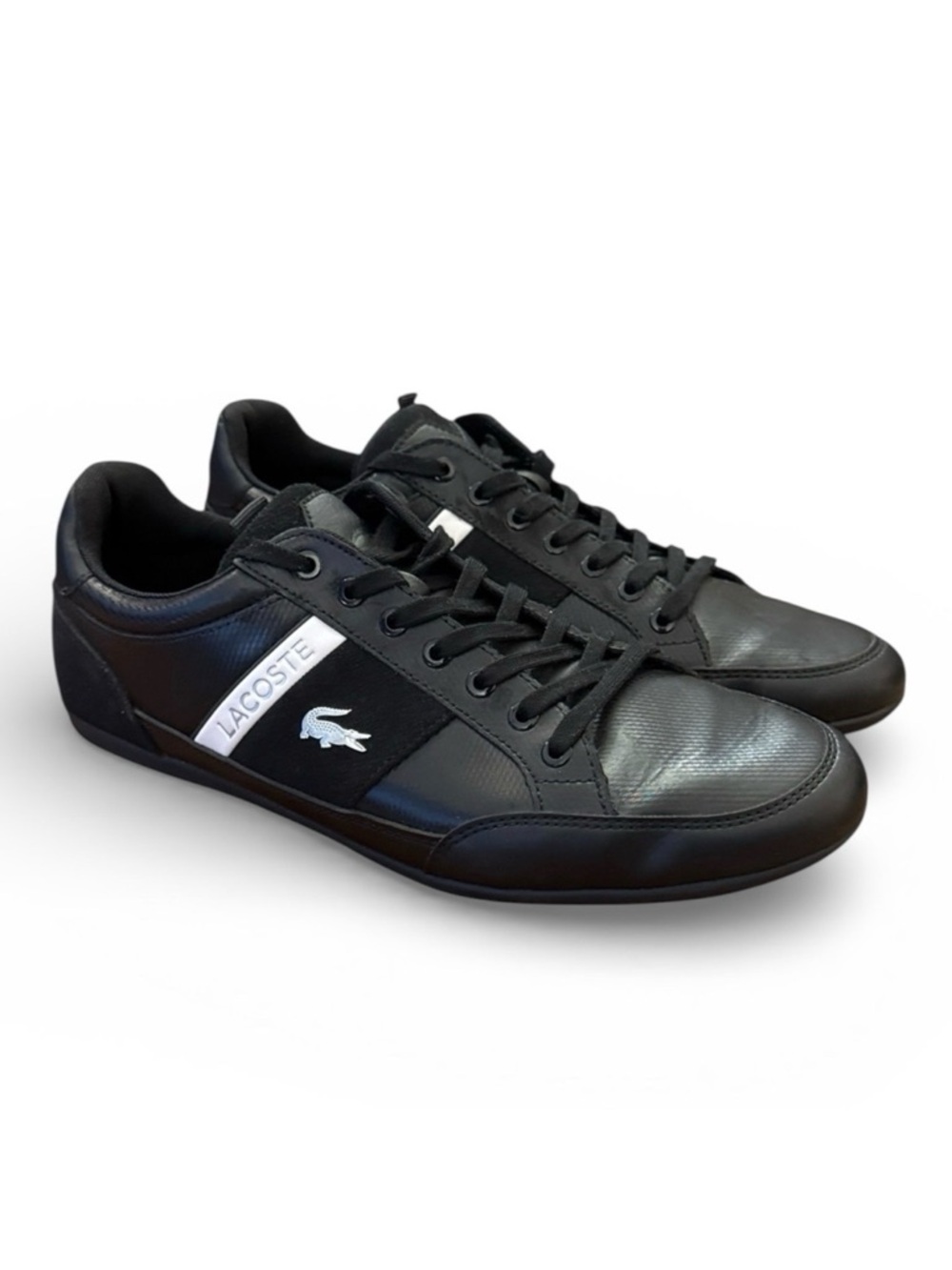 Lacoste Chaymon Black Leather Sneakers White Stripe US 9 Clean Casual